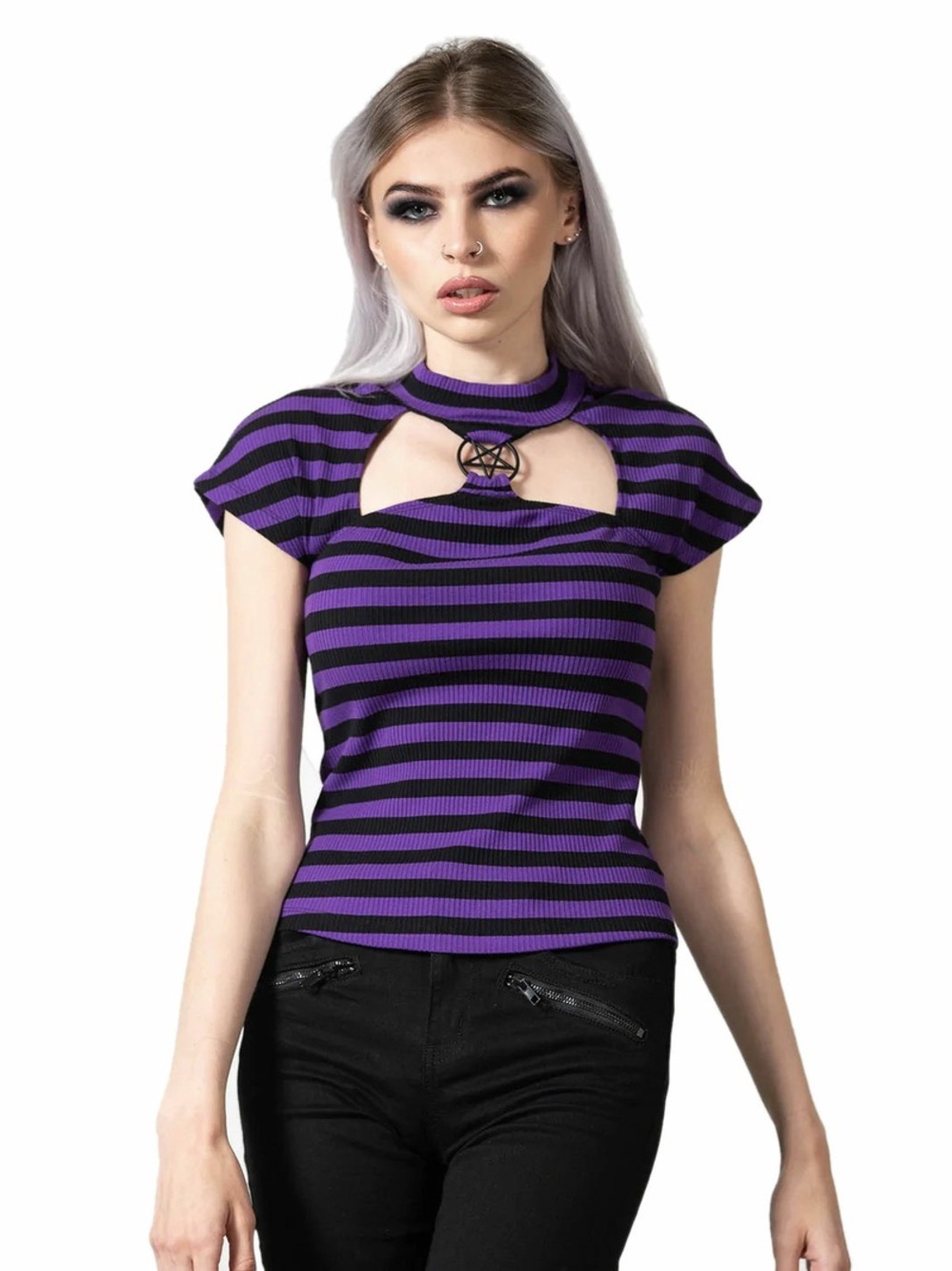 Killstar Purple & Black Striped Lamia Top - Size Small